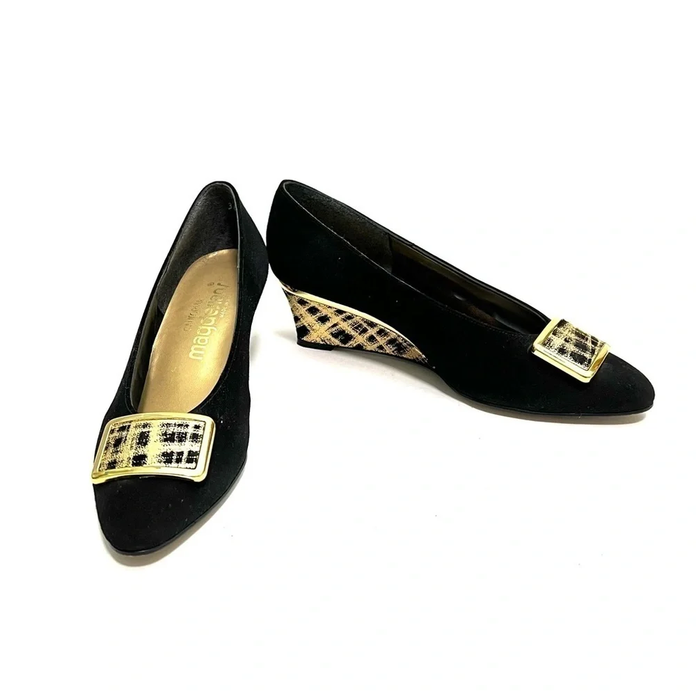 Vintage 1970s black suede oversize buckle gold painted wedge heels